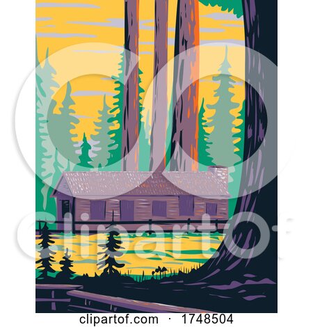 Mariposa Grove Cabin with General Grant and General Sheridan Tree Located in Yosemite National Park California United States of America WPA Poster Art by patrimonio