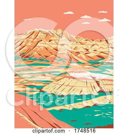 Dramatic Landscape of Layered Rock Formations in Badlands National Park South Dakota United States of America WPA Poster Art by patrimonio
