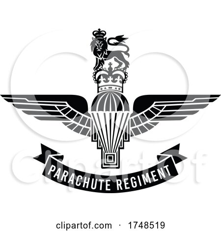 Parachute Regiment Insignia with Parachute with Wings Royal Crown and Lion Worn by Paratroopers in the British Armed Forces Military Badge Black and White by patrimonio