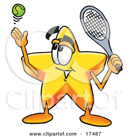 Clipart Picture of a Star Mascot Cartoon Character Preparing to Hit a Tennis Ball by Toons4Biz
