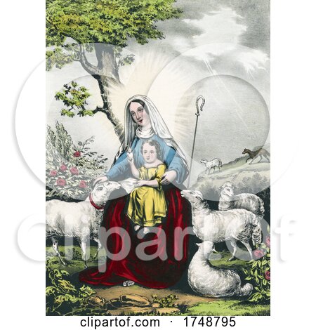 The Good Shepherdess Showing Mary with Jesus As a Child and a Flock of Sheep with a Wolf in the Background by JVPD