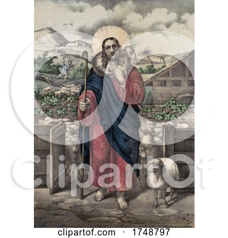 Jesus the Good Shepherd wIth His Flock with Man Running from a Wolf in the Background by JVPD