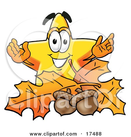 Clipart Picture of a Star Mascot Cartoon Character With Autumn Leaves and Acorns in the Fall by Mascot Junction