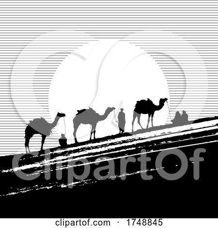 Silhouetted Black and White Camel Train or Caravan by Lal Perera