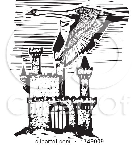 Woodcut Style Swan over Castle by xunantunich