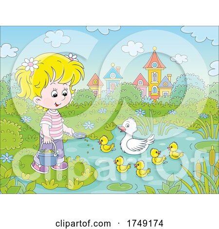 Happy Blond Girl Feeding Ducks at a Pond by Alex Bannykh