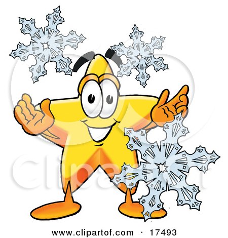 Clipart Picture of a Star Mascot Cartoon Character With Three Snowflakes in Winter by Toons4Biz