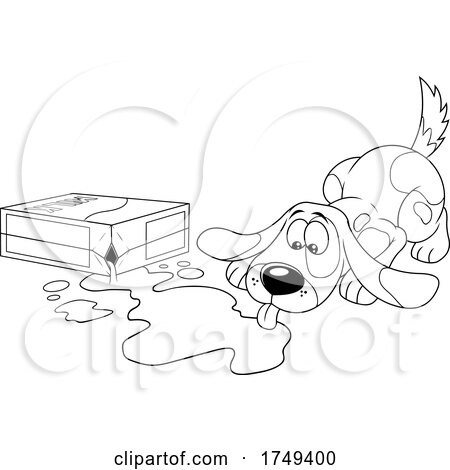 Black and White Cartoon Dog Lapping up Spilled Milk by Hit Toon