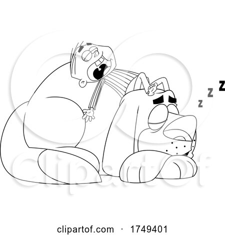 Black and White Cartoon Boy Sleeping on Top of His Giant Mastiff Dog by Hit Toon