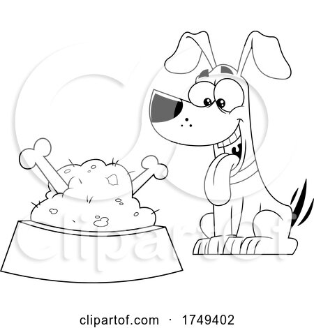 Black and White Cartoon Dog Wagging His Taile at a Food Dish by Hit Toon