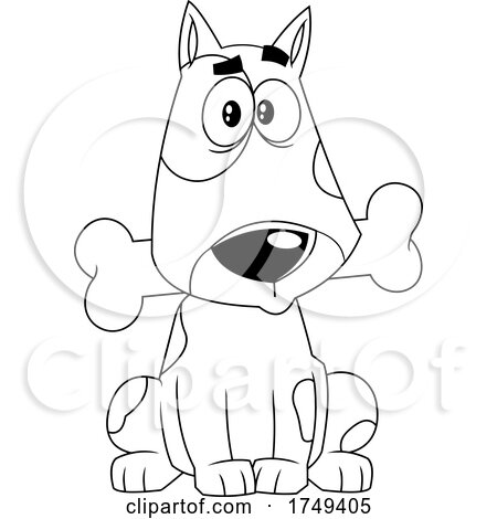 Black and White Cartoon Bull Terrier Dog Sitting with a Bone in Its Mouth by Hit Toon