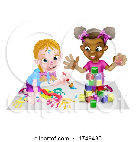 Girls Playing with Paints and Blocks by AtStockIllustration
