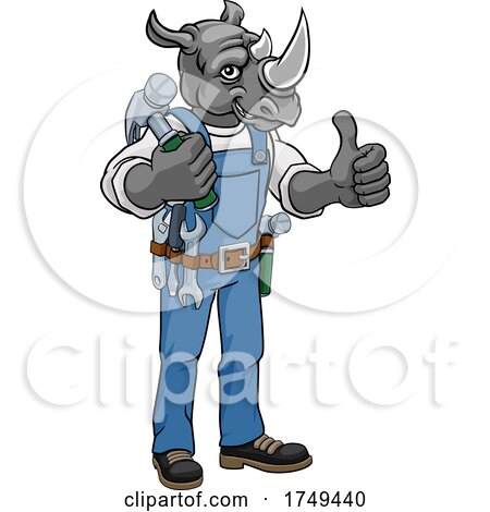 Rhino Mascot Carpenter Handyman Holding Hammer by AtStockIllustration