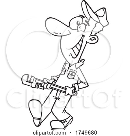 Cartoon Black and White Happy Male Plumber Carrying a Monkey Wrench by toonaday