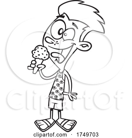 Cartoon Black and White Boy Eating Ice Cream by toonaday