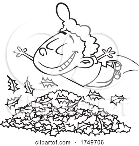 Cartoon Black and White Boy Diving in to Autumn Leaves by toonaday