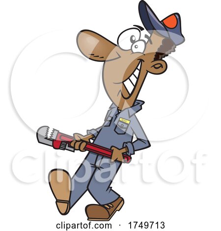 Cartoon Happy Male Plumber Carrying a Monkey Wrench by toonaday