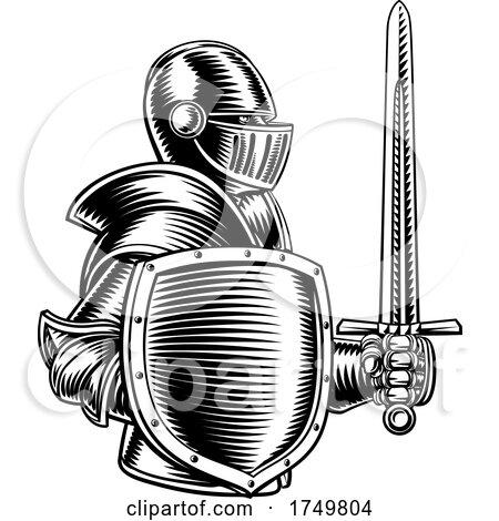 Medieval Knight Sword and Shield Vintage Woodcut by AtStockIllustration