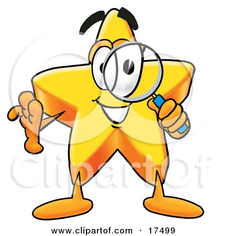 Clipart Picture of a Star Mascot Cartoon Character Looking Through a Magnifying Glass by Toons4Biz