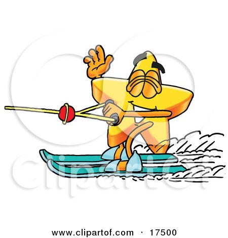 Clipart Picture of a Star Mascot Cartoon Character Waving While Water Skiing by Mascot Junction