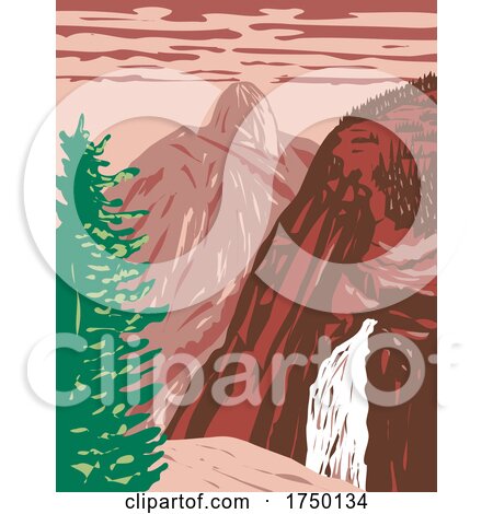 Illilouette Falls with Half Dome on the Illilouette Creek Tributary of Merced River Within Yosemite National Park California USA WPA Poster Art by patrimonio