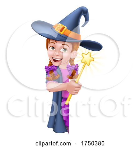 Kid Cartoon Girl Child Halloween Witch Sign by AtStockIllustration