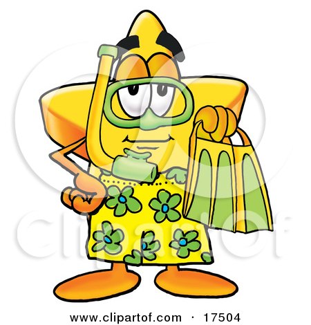 Clipart Picture of a Star Mascot Cartoon Character in Green and Yellow Snorkel Gear by Toons4Biz