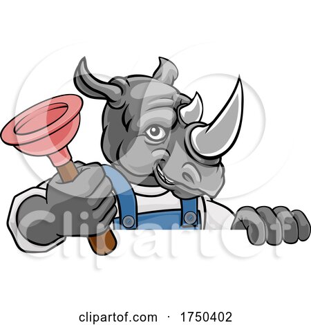 Rhino Plumber Cartoon Mascot Holding Plunger by AtStockIllustration