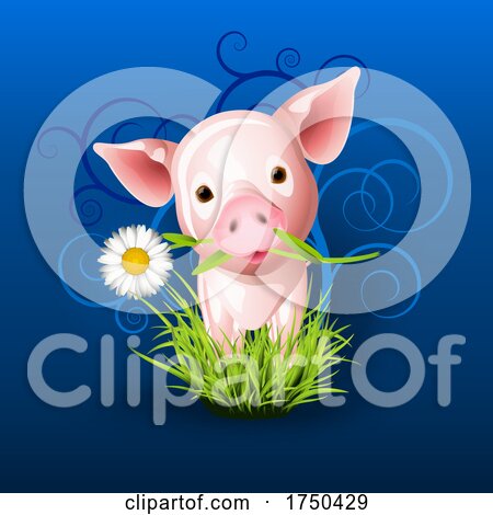 Little Pink Pig in Grass over Blue by Oligo