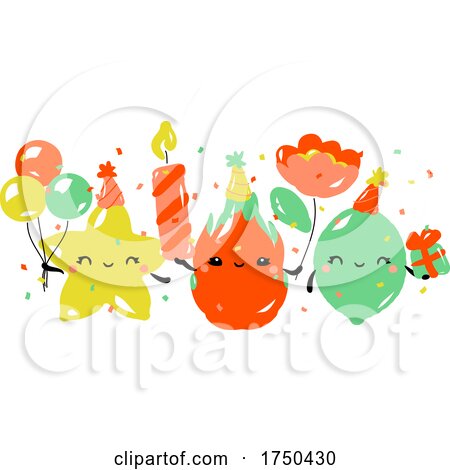 Kawaii Characters of Star Fruit Dragon Fruit and Lime Celebrating Birthday by elena