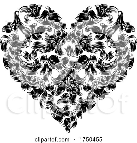 Heart Love Floral Woodcut Engraved Etching by AtStockIllustration