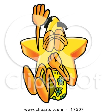 Clipart Picture of a Star Mascot Cartoon Character Plugging His Nose While Jumping Into Water  by Toons4Biz