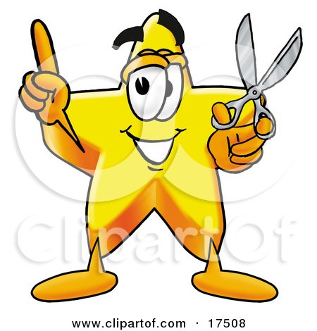 Clipart Picture of a Star Mascot Cartoon Character Holding a Pair of Scissors by Toons4Biz