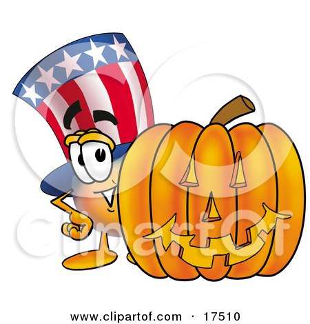 Clipart Picture of an Uncle Sam Mascot Cartoon Character With a Carved Halloween Pumpkin  by Toons4Biz