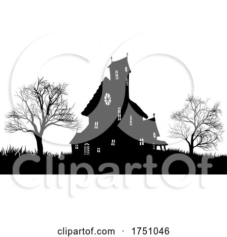 Silhouette Haunted Halloween House Spooky Trees by AtStockIllustration