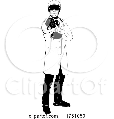 Doctor in PPE Mask Pointing Needs You Silhouette by AtStockIllustration