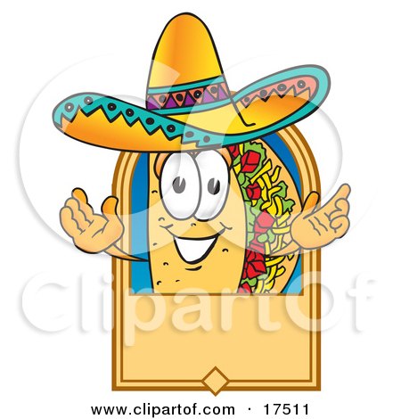 Clipart Picture of a Taco Mascot Cartoon Character on a Blank Tan Label, Logo or Sign by Mascot Junction