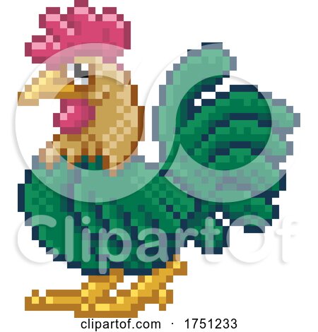 Chicken Cockerel Pixel Art Video Game Cartoon by AtStockIllustration