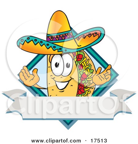 Clipart Picture of a Taco Mascot Cartoon Character Over a Blank White Banner on a Label by Mascot Junction