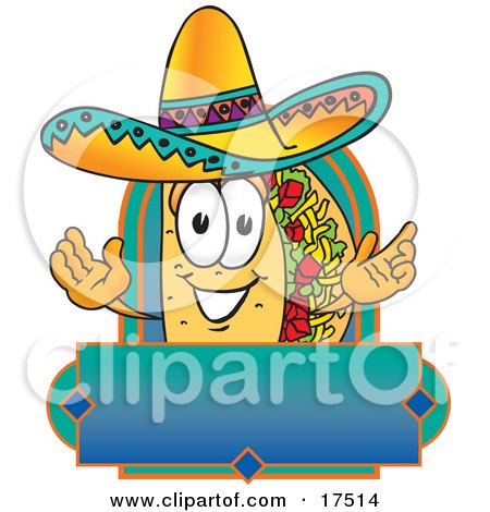 Clipart Picture of a Taco Mascot Cartoon Character Over a Blank Banner by Mascot Junction