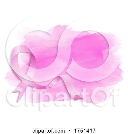Breast Cancer Awareness Ribbon over Watercolor by KJ Pargeter