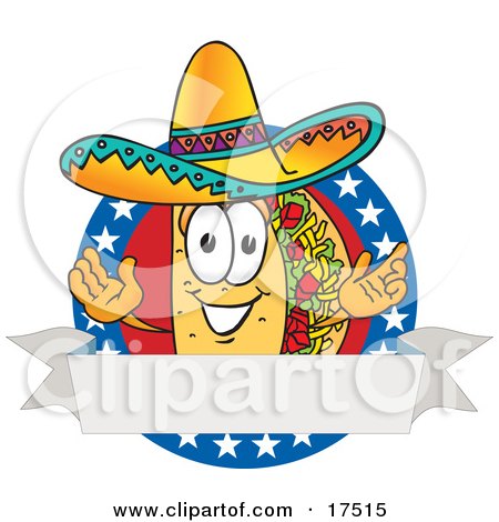 Clipart Picture of a Taco Mascot Cartoon Character Over a Blank White Banner on an American Themed Business Logo by Mascot Junction