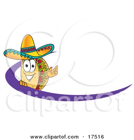 Clipart Picture of a Taco Mascot Cartoon Character Waving and Standing Behind a Purple Dash on an Employee Nametag or Business Logo by Mascot Junction