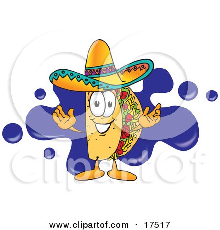 Clipart Picture of a Taco Mascot Cartoon Character Standing in Front of a Blue Paint Splatter on a Business Logo by Mascot Junction