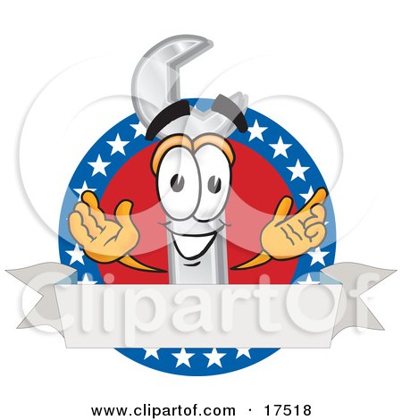 Clipart Picture of a Wrench Mascot Cartoon Character Over a Blank White Banner on an American Themed Business Logo by Mascot Junction
