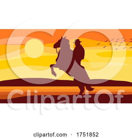 Silhouetted Horseback Cowboy Against a Sunset by Hit Toon