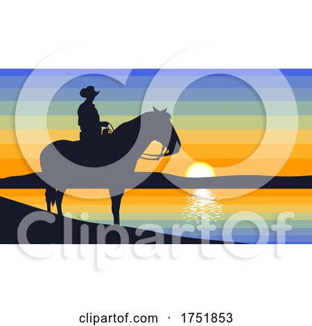 Silhouetted Horseback Cowboy Against a Lake at Sunset by Hit Toon