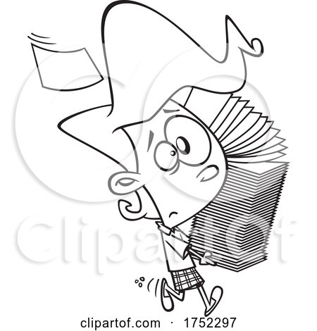 Cartoon Black and White Stressed Girl or Woman Carrying a Stack of Papers by toonaday