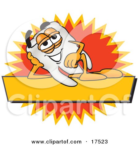 Clipart Picture of a Tooth Mascot Cartoon Character Reclining on a Yellow and Orange Business Label by Mascot Junction