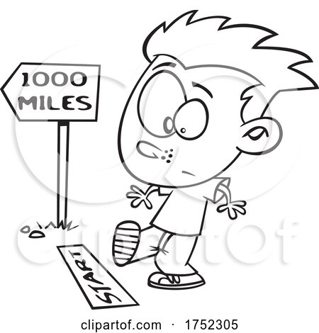 Cartoon Black and White Boy Starting a Long Walk or Journey by toonaday